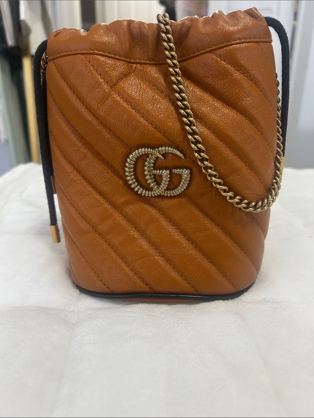 Gucci Tan Quilted Leather Drawstring Crossbody with Gold GG